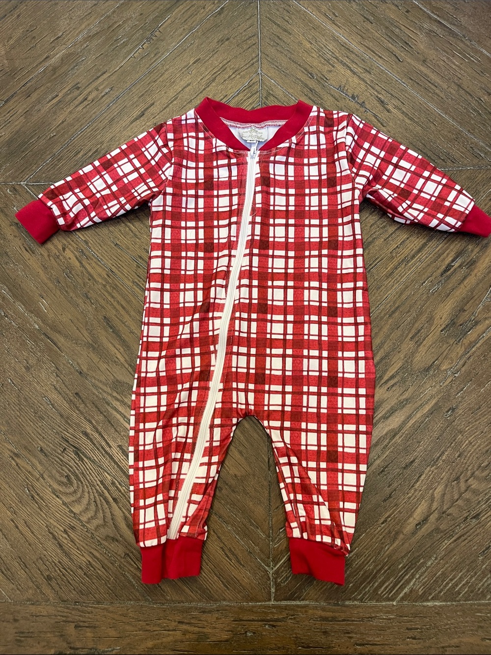 Sew Magnolias Smocks Red and White Plaid Zipper Sleeper With M on the Bottom